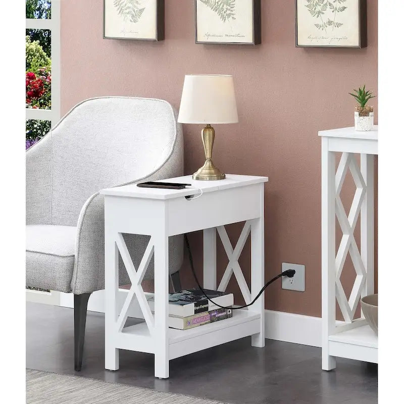 Table d'appoint avec plateau rabattable, station de recharge et étagère — Espresso / Noir / Blanc, 1 personne