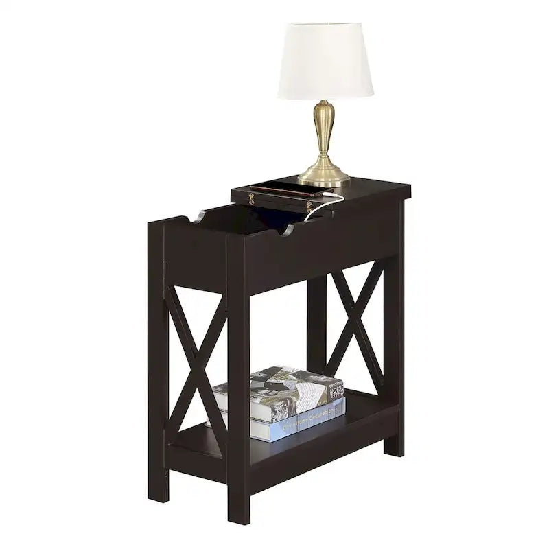 Table d'appoint avec plateau rabattable, station de recharge et étagère — Espresso / Noir / Blanc, 1 personne