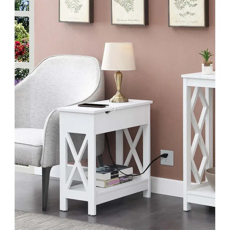 Table d'appoint avec plateau rabattable, station de recharge et étagère — Espresso / Noir / Blanc, 1 personne