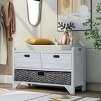 Banc de rangement de ferme 1 place avec tiroirs et panier, gris clair / blanc / bleu marine / espresso