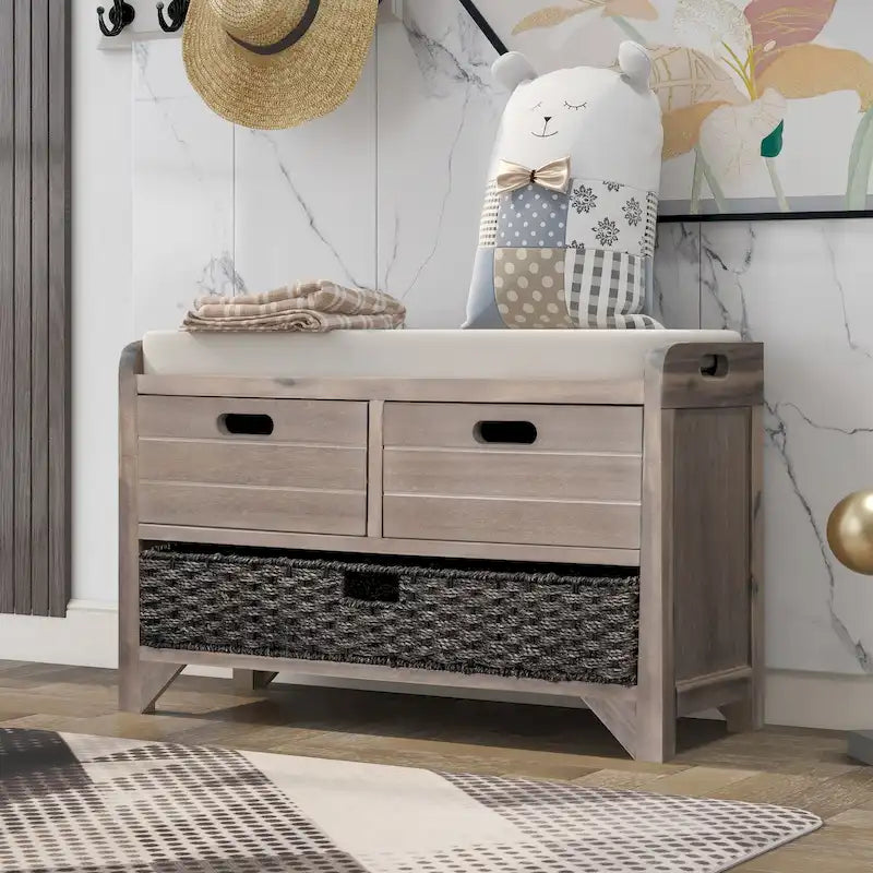 Banc de rangement de ferme 1 place avec tiroirs et panier, gris clair / blanc / bleu marine / espresso