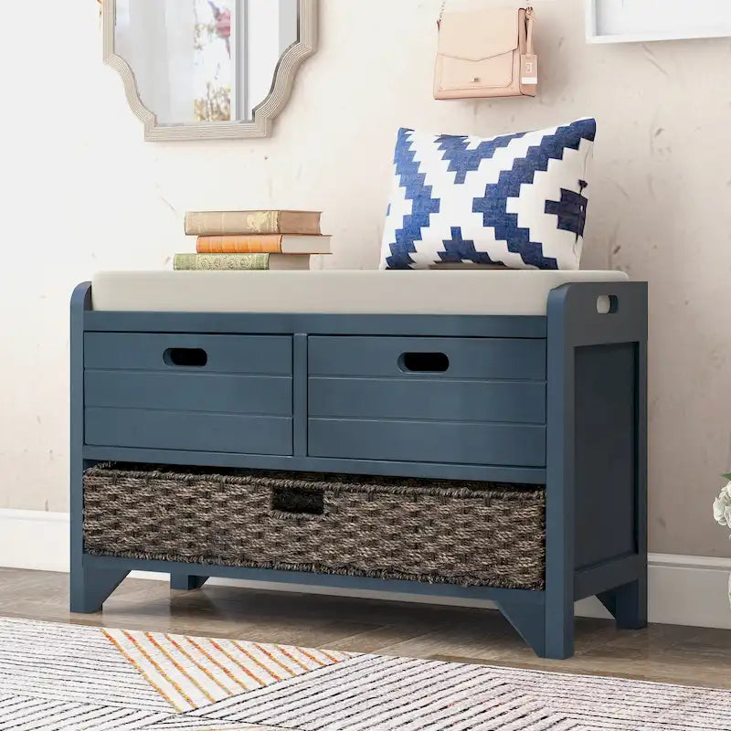 Banc de rangement de ferme 1 place avec tiroirs et panier, gris clair / blanc / bleu marine / espresso
