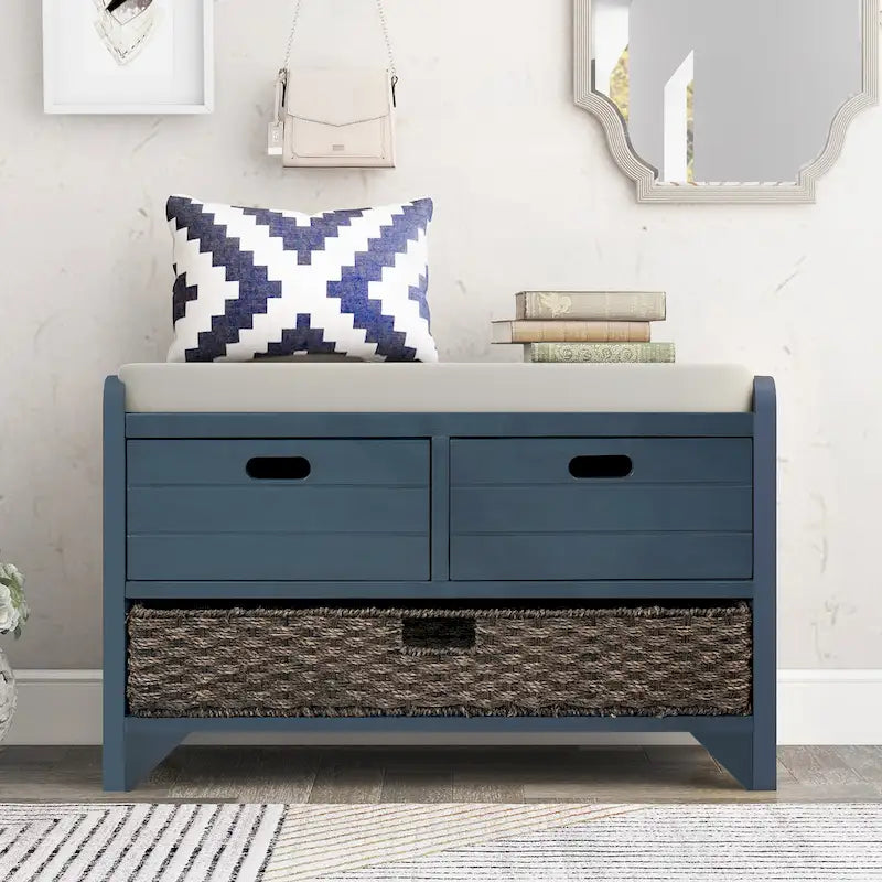 Banc de rangement de ferme 1 place avec tiroirs et panier, gris clair / blanc / bleu marine / espresso