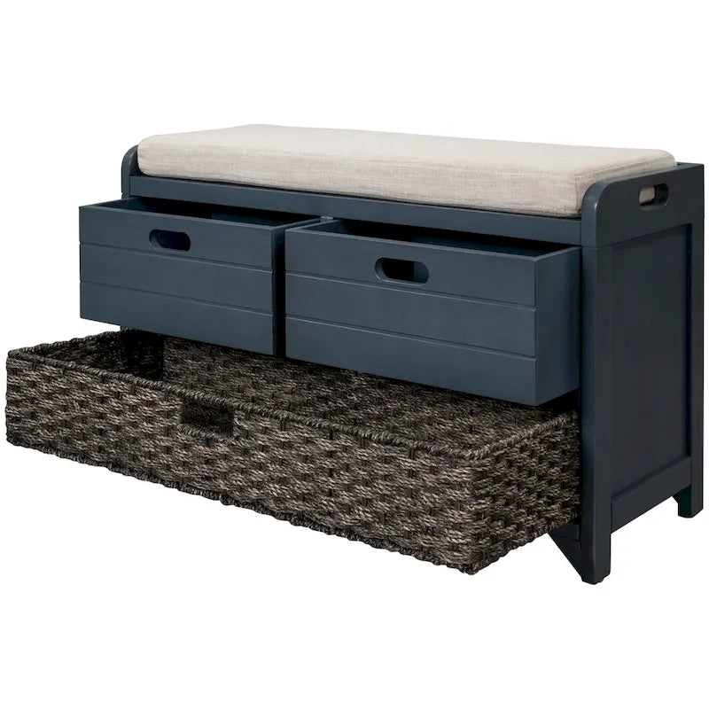 Banc de rangement de ferme 1 place avec tiroirs et panier, gris clair / blanc / bleu marine / espresso