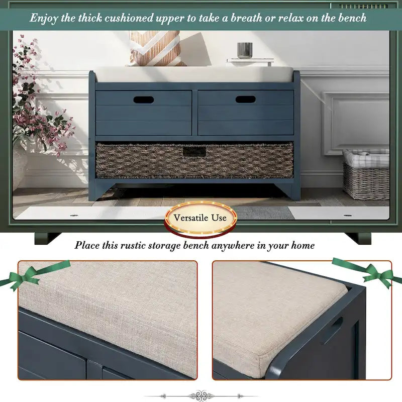 Banc de rangement de ferme 1 place avec tiroirs et panier, gris clair / blanc / bleu marine / espresso
