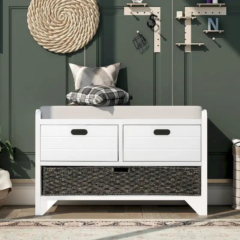 Banc de rangement de ferme 1 place avec tiroirs et panier, gris clair / blanc / bleu marine / espresso