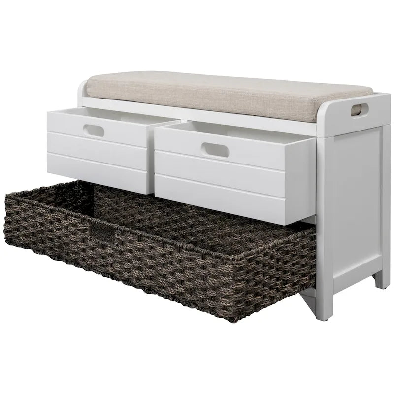 Banc de rangement de ferme 1 place avec tiroirs et panier, gris clair / blanc / bleu marine / espresso