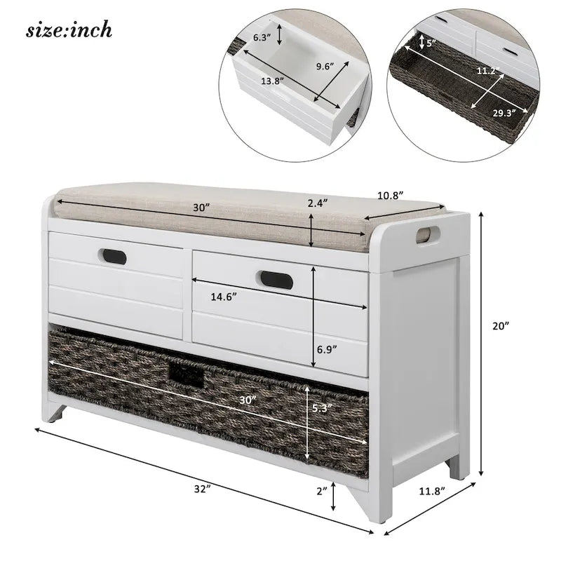 Banc de rangement de ferme 1 place avec tiroirs et panier, gris clair / blanc / bleu marine / espresso