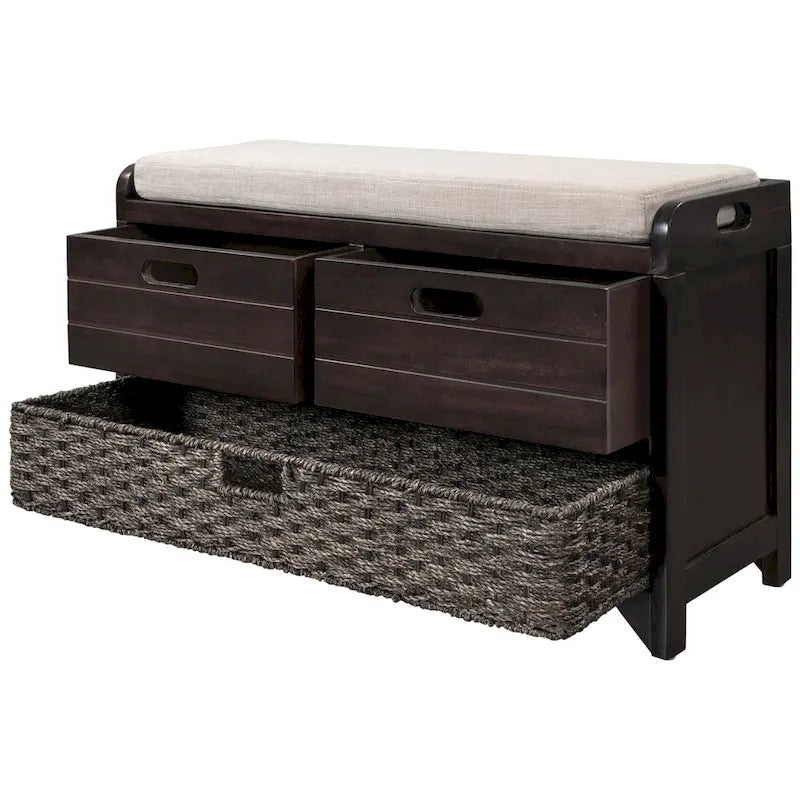 Banc de rangement de ferme 1 place avec tiroirs et panier, gris clair / blanc / bleu marine / espresso