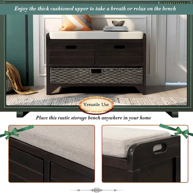 Banc de rangement de ferme 1 place avec tiroirs et panier, gris clair / blanc / bleu marine / espresso