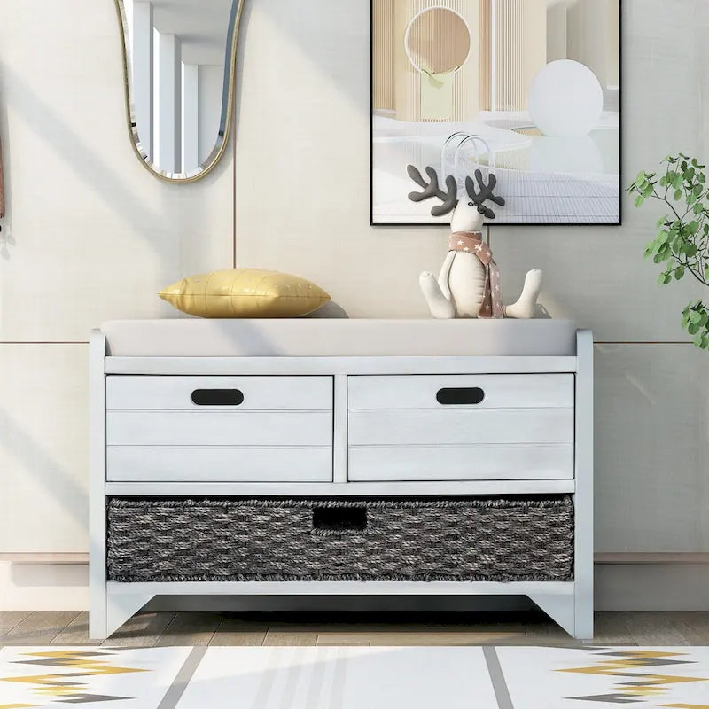 Banc de rangement de ferme 1 place avec tiroirs et panier, gris clair / blanc / bleu marine / espresso