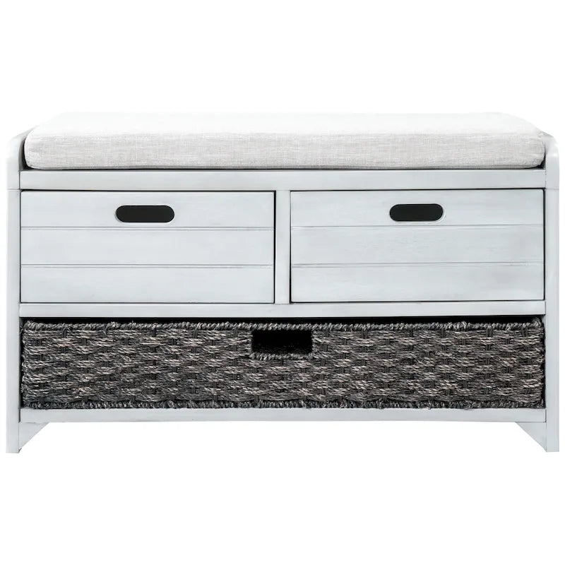 Banc de rangement de ferme 1 place avec tiroirs et panier, gris clair / blanc / bleu marine / espresso