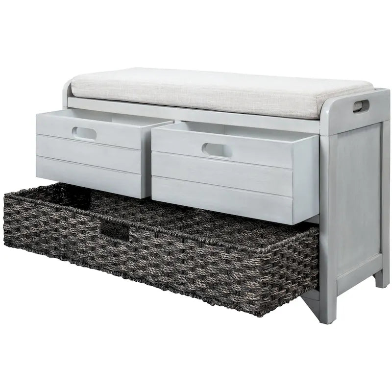 Banc de rangement de ferme 1 place avec tiroirs et panier, gris clair / blanc / bleu marine / espresso
