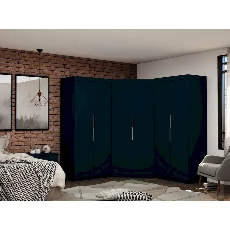 Armoire d'angle 3 sections avec 4 tiroirs — Bleu Nuit / Marron / Blanc, pour 1 personne