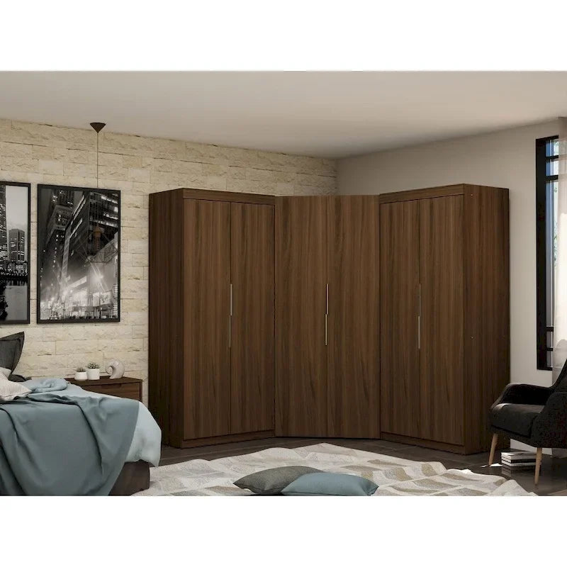 Armoire d'angle 3 sections avec 4 tiroirs — Bleu Nuit / Marron / Blanc, pour 1 personne