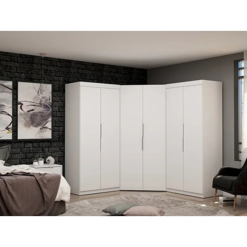 Armoire d'angle 3 sections avec 4 tiroirs — Bleu Nuit / Marron / Blanc, pour 1 personne