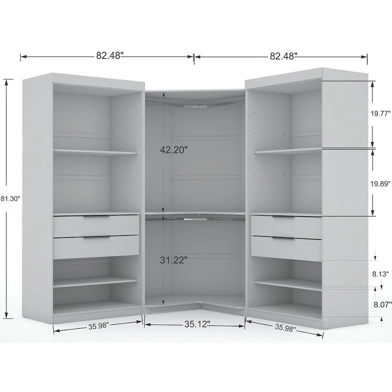 Armoire d'angle 3 sections avec 4 tiroirs — Bleu Nuit / Marron / Blanc, pour 1 personne