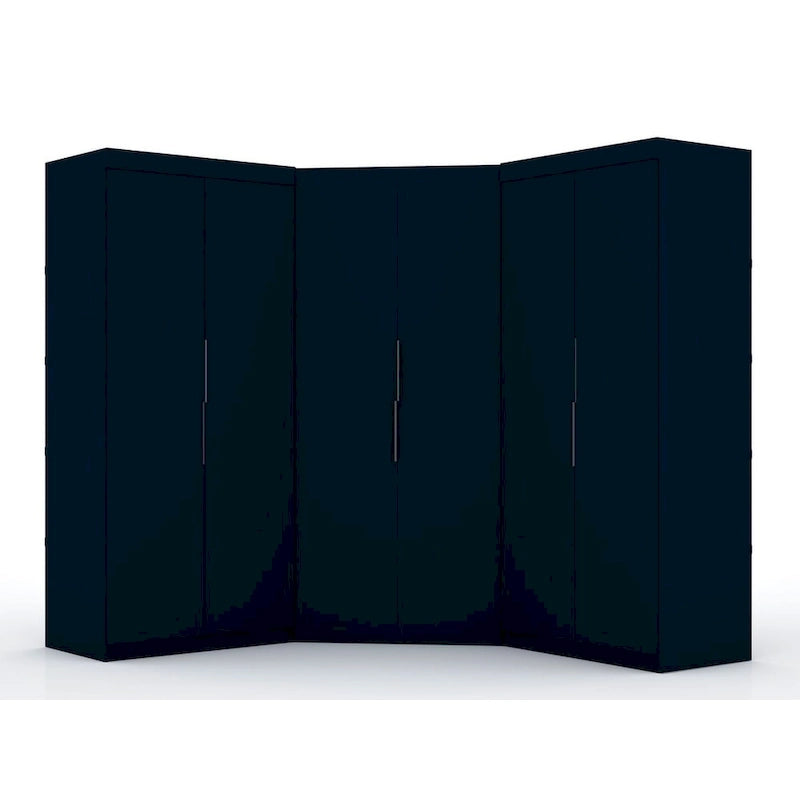 Armoire d'angle 3 sections avec 4 tiroirs — Bleu Nuit / Marron / Blanc, pour 1 personne