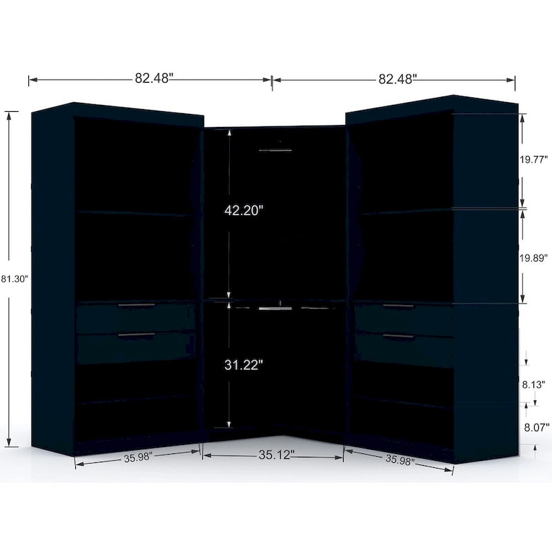 Armoire d'angle 3 sections avec 4 tiroirs — Bleu Nuit / Marron / Blanc, pour 1 personne
