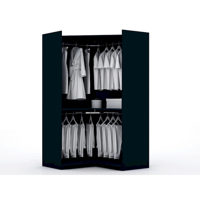 Armoire d'angle 3 sections avec 4 tiroirs — Bleu Nuit / Marron / Blanc, pour 1 personne