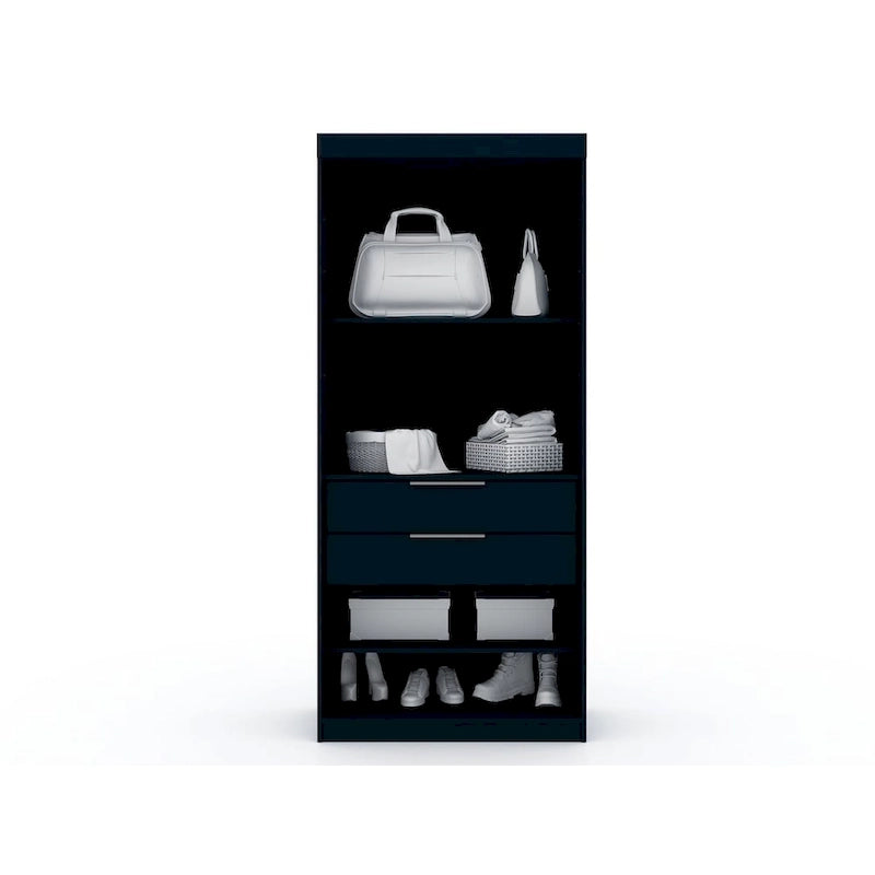 Armoire d'angle 3 sections avec 4 tiroirs — Bleu Nuit / Marron / Blanc, pour 1 personne