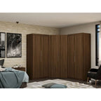 Armoire d'angle 3 sections avec 4 tiroirs — Bleu Nuit / Marron / Blanc, pour 1 personne