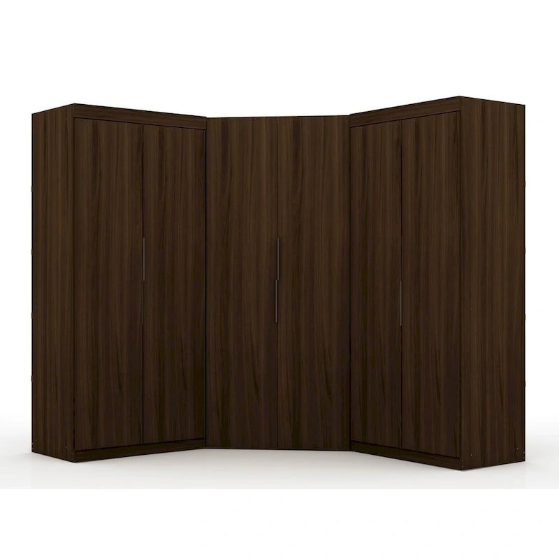 Armoire d'angle 3 sections avec 4 tiroirs — Bleu Nuit / Marron / Blanc, pour 1 personne
