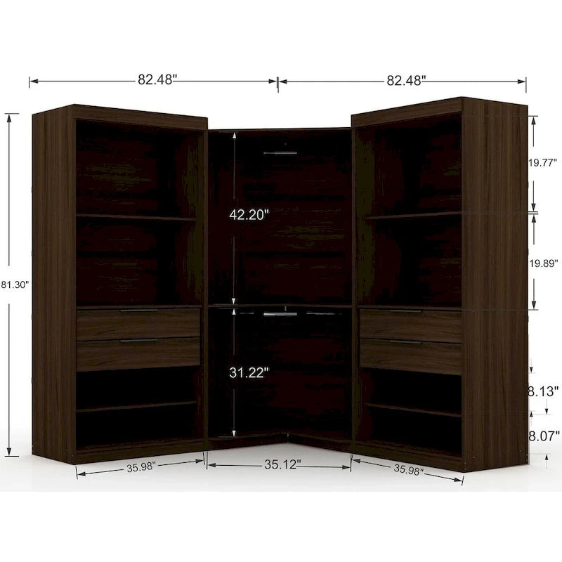 Armoire d'angle 3 sections avec 4 tiroirs — Bleu Nuit / Marron / Blanc, pour 1 personne