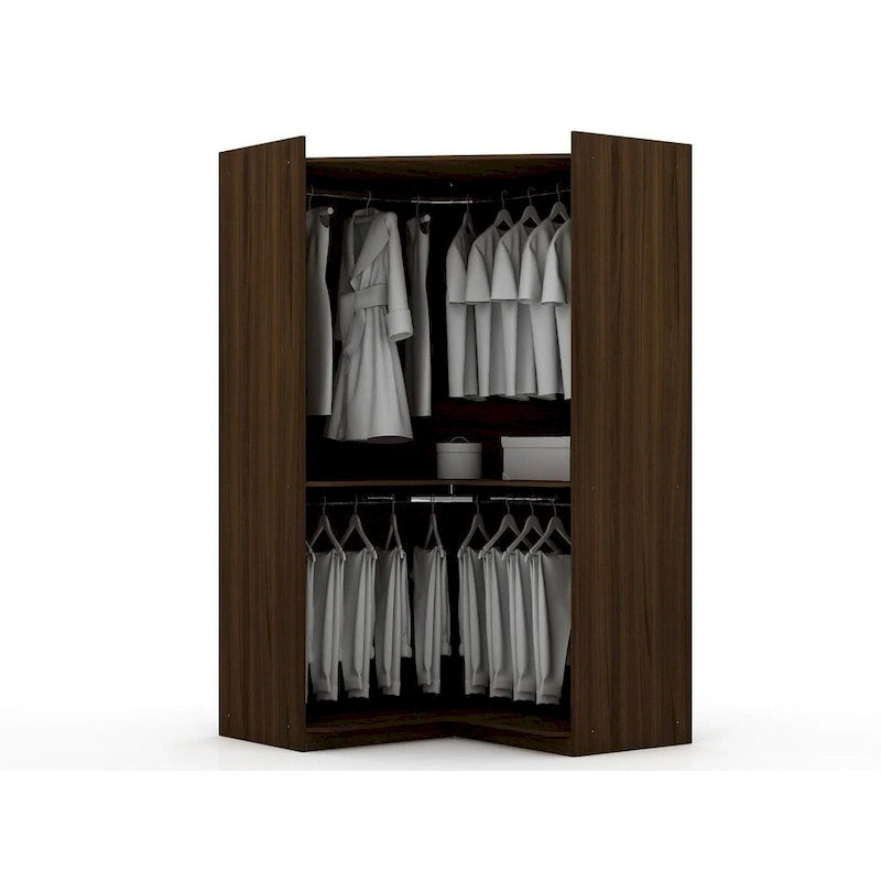 Armoire d'angle 3 sections avec 4 tiroirs — Bleu Nuit / Marron / Blanc, pour 1 personne
