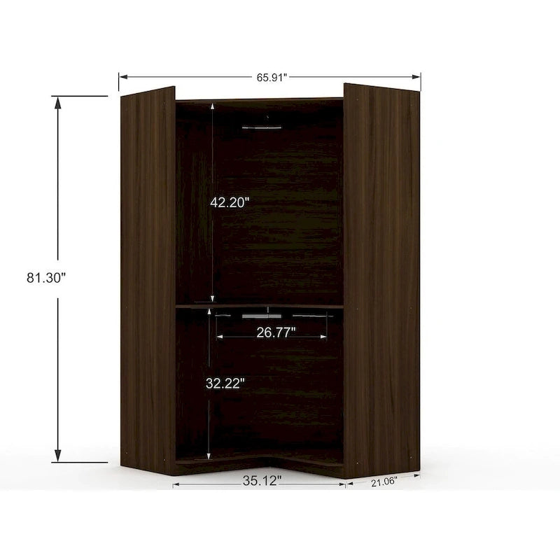 Armoire d'angle 3 sections avec 4 tiroirs — Bleu Nuit / Marron / Blanc, pour 1 personne