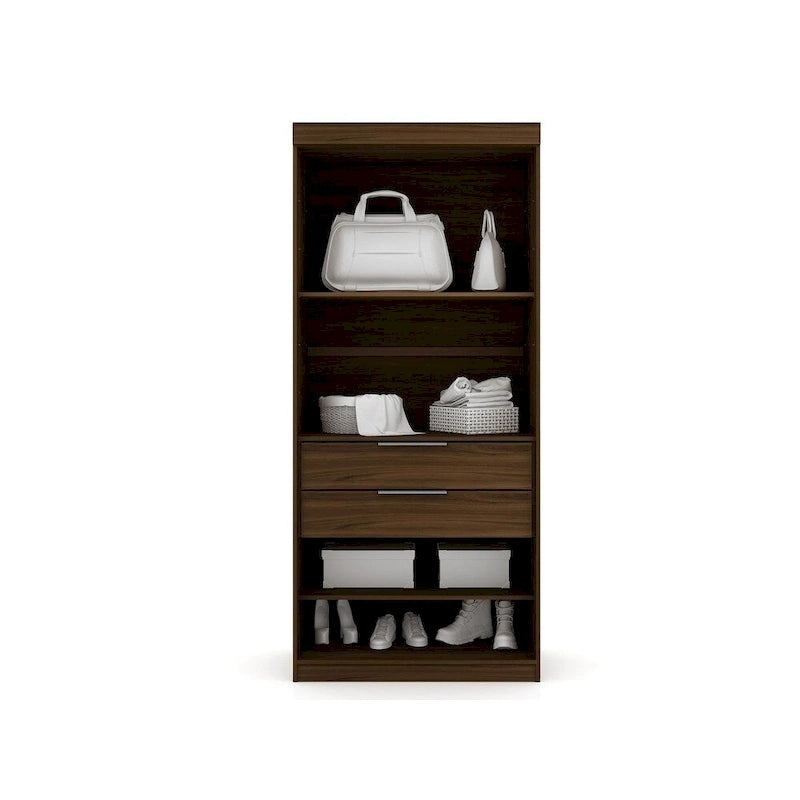 Armoire d'angle 3 sections avec 4 tiroirs — Bleu Nuit / Marron / Blanc, pour 1 personne