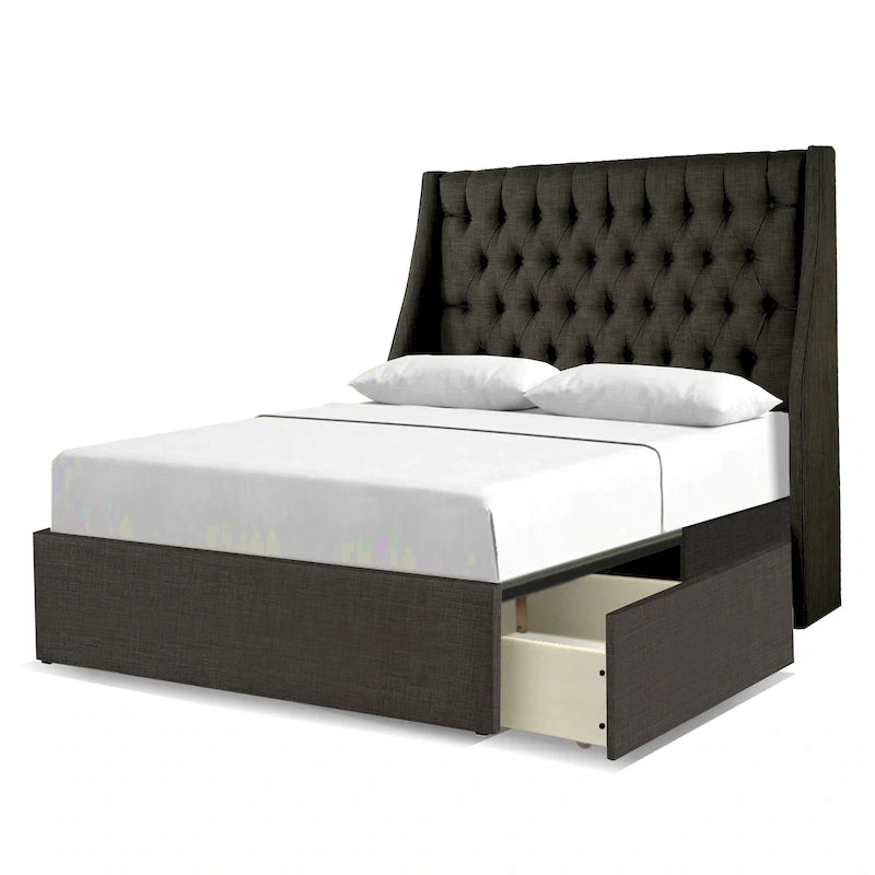 Lit plateforme à oreilles gris/ivoire avec 2 tiroirs de rangement – Queen et King, 1 place