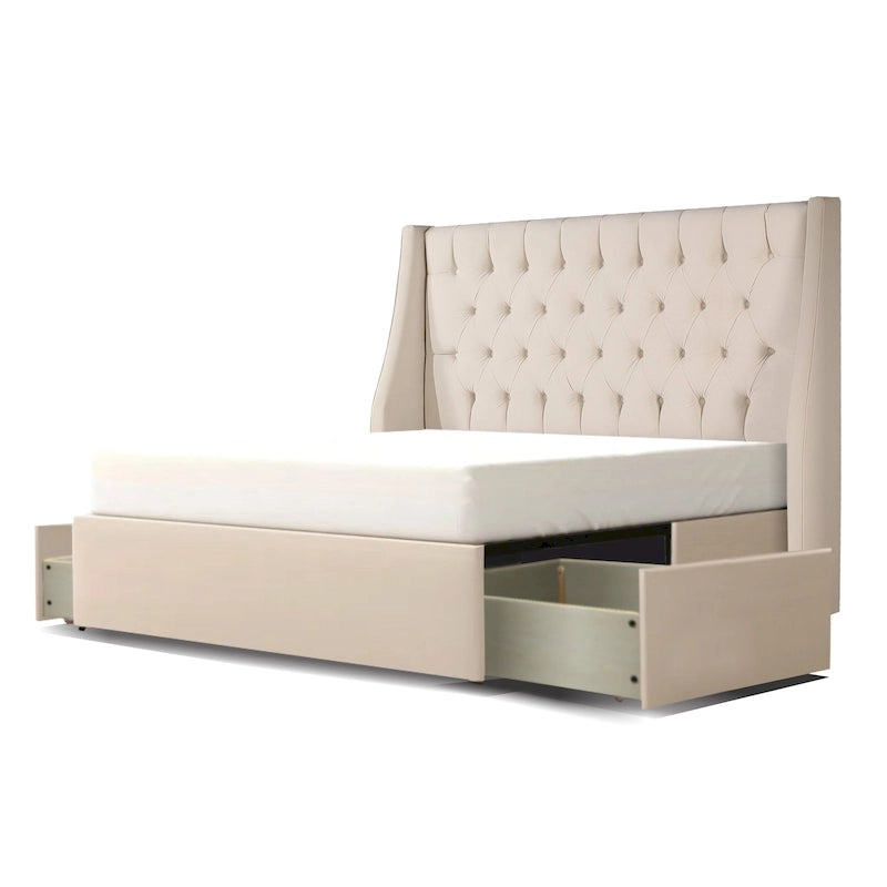 Lit plateforme à oreilles gris/ivoire avec 2 tiroirs de rangement – Queen et King, 1 place