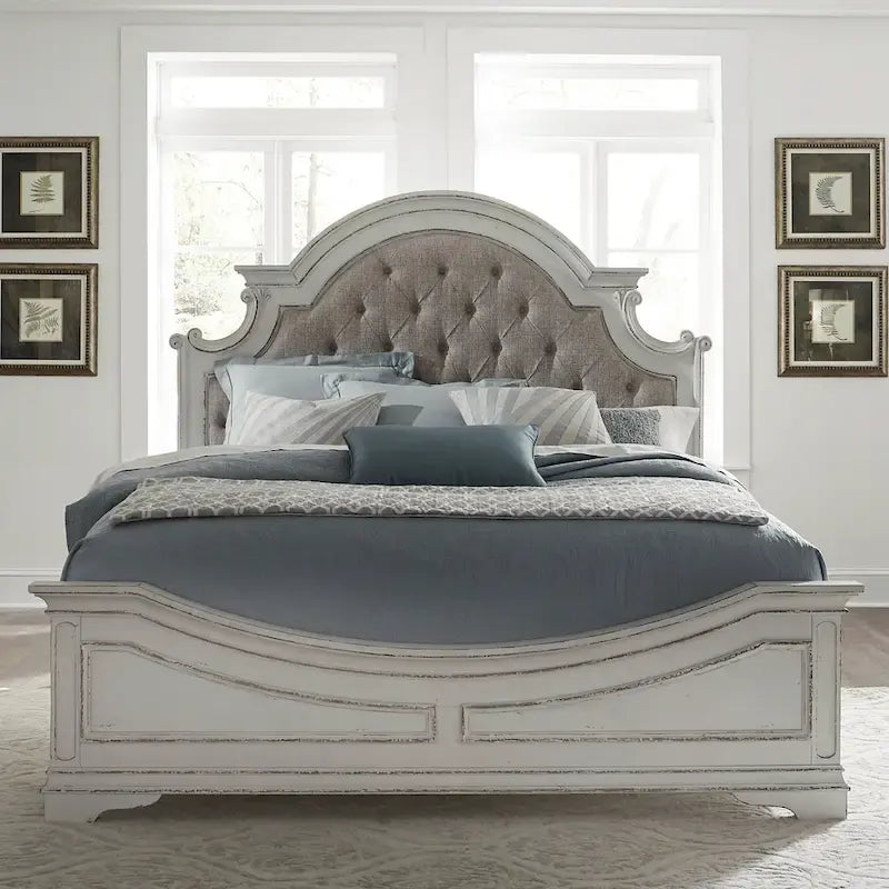 Lit capitonné en chenille touffetée blanc antique – Lit simple/double/Queen/King, 1-2 personnes