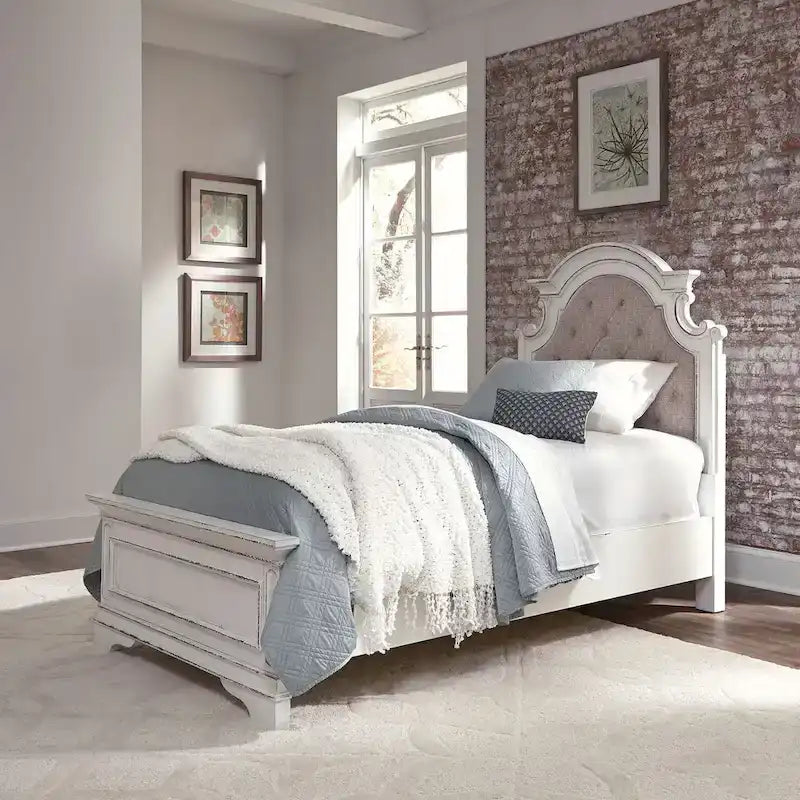Lit capitonné en chenille touffetée blanc antique – Lit simple/double/Queen/King, 1-2 personnes