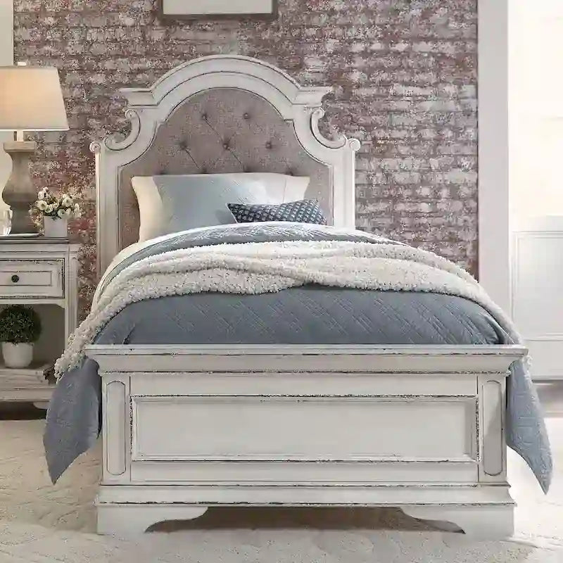 Lit capitonné en chenille touffetée blanc antique – Lit simple/double/Queen/King, 1-2 personnes