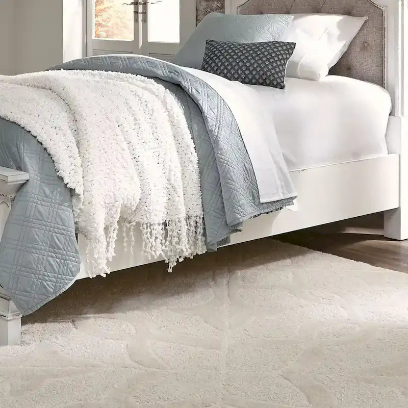 Lit capitonné en chenille touffetée blanc antique – Lit simple/double/Queen/King, 1-2 personnes