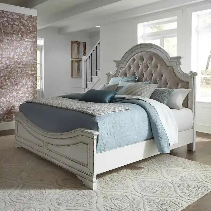 Lit capitonné en chenille touffetée blanc antique – Lit simple/double/Queen/King, 1-2 personnes