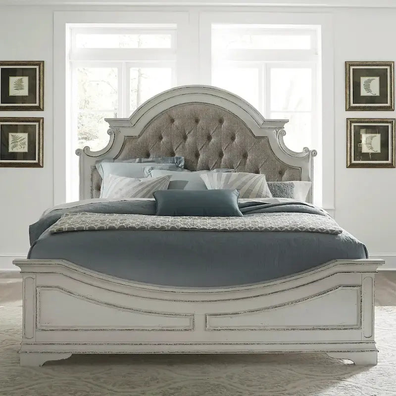 Lit capitonné en chenille touffetée blanc antique – Lit simple/double/Queen/King, 1-2 personnes