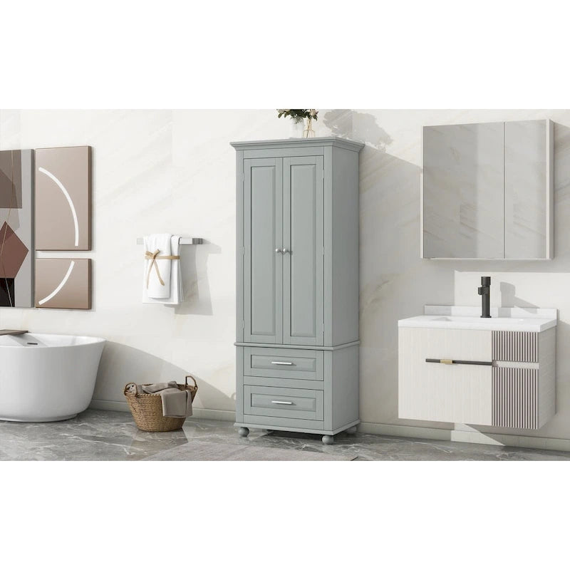 Meuble de rangement haut gris/blanc avec 2 tiroirs et une étagère réglable