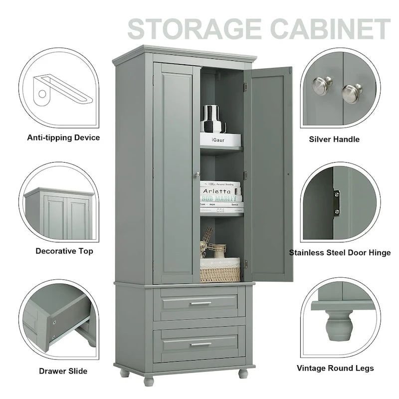 Meuble de rangement haut gris/blanc avec 2 tiroirs et une étagère réglable