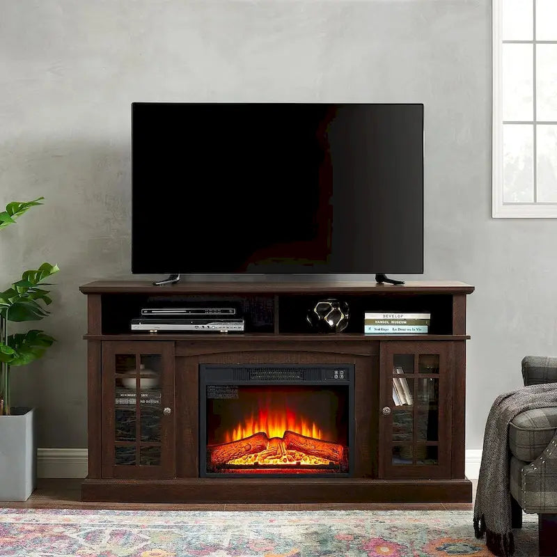 Meuble TV pour téléviseurs jusqu'à 65", finition gris délavé/espresso, avec insert de cheminée électrique, meuble à 2 portes, 1 compartiment