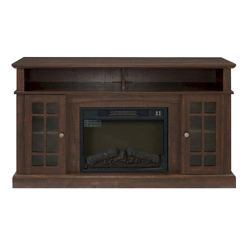 Meuble TV pour téléviseurs jusqu'à 65", finition gris délavé/espresso, avec insert de cheminée électrique, meuble à 2 portes, 1 compartiment