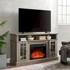 Meuble TV pour téléviseurs jusqu'à 65", finition gris délavé/espresso, avec insert de cheminée électrique, meuble à 2 portes, 1 compartiment