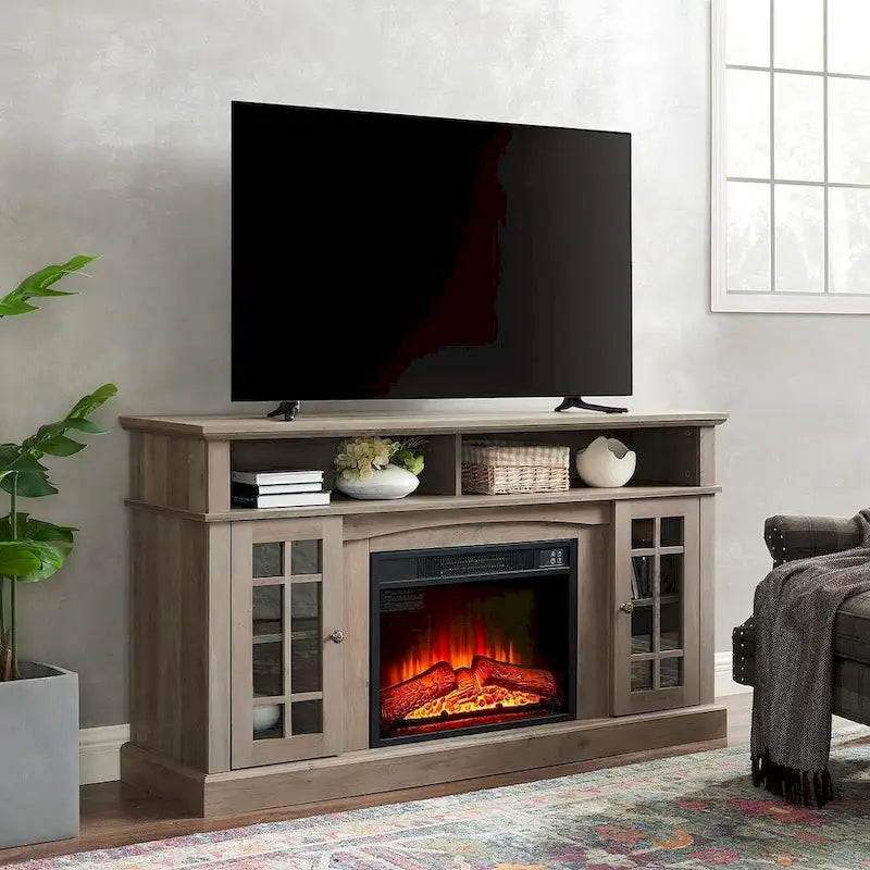 Meuble TV pour téléviseurs jusqu'à 65", finition gris délavé/espresso, avec insert de cheminée électrique, meuble à 2 portes, 1 compartiment