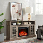 Meuble TV pour téléviseurs jusqu'à 65", finition gris délavé/espresso, avec insert de cheminée électrique, meuble à 2 portes, 1 compartiment