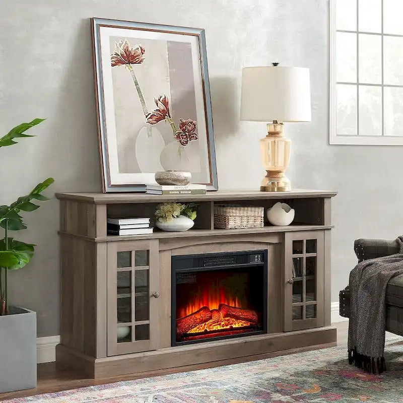 Meuble TV pour téléviseurs jusqu'à 65", finition gris délavé/espresso, avec insert de cheminée électrique, meuble à 2 portes, 1 compartiment