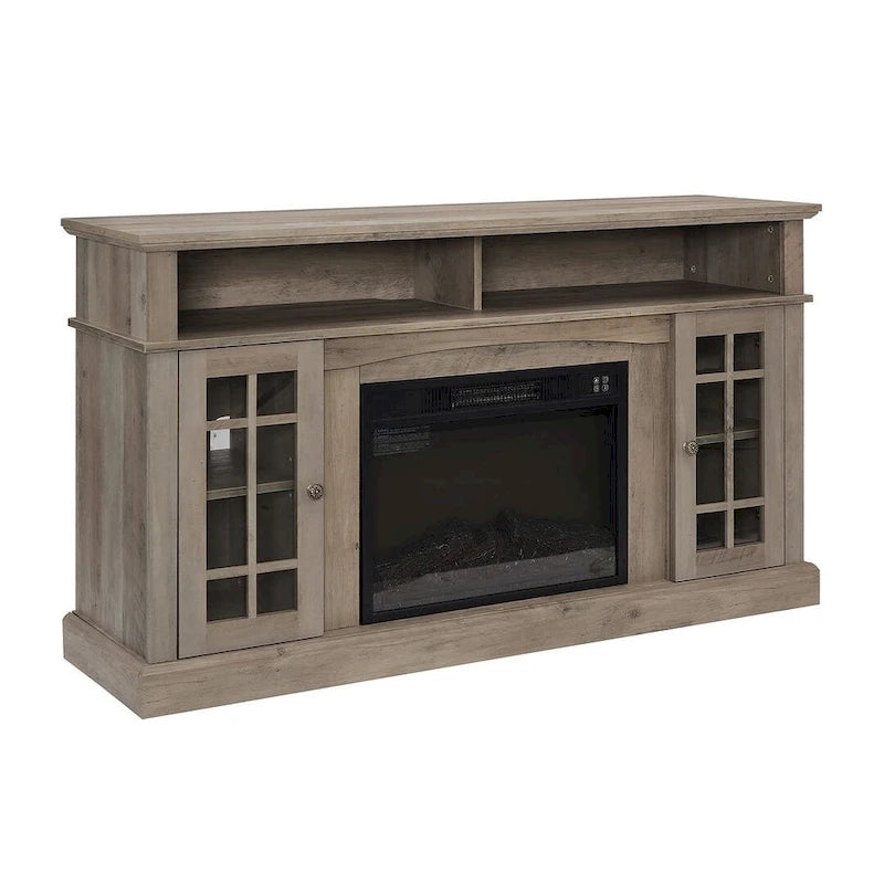 Meuble TV pour téléviseurs jusqu'à 65", finition gris délavé/espresso, avec insert de cheminée électrique, meuble à 2 portes, 1 compartiment