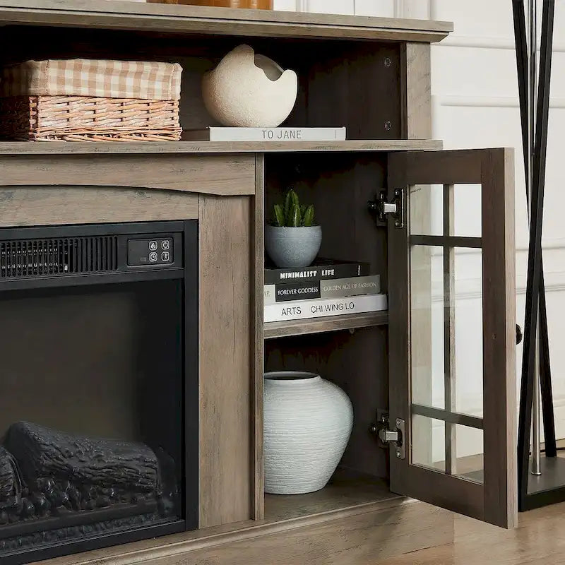 Meuble TV pour téléviseurs jusqu'à 65", finition gris délavé/espresso, avec insert de cheminée électrique, meuble à 2 portes, 1 compartiment