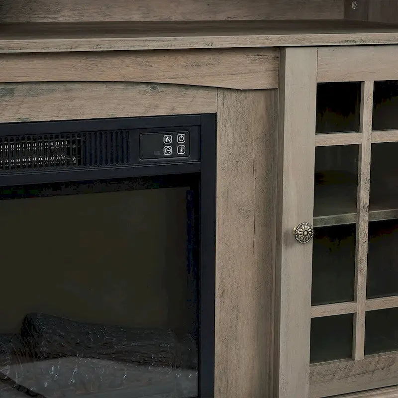 Meuble TV pour téléviseurs jusqu'à 65", finition gris délavé/espresso, avec insert de cheminée électrique, meuble à 2 portes, 1 compartiment